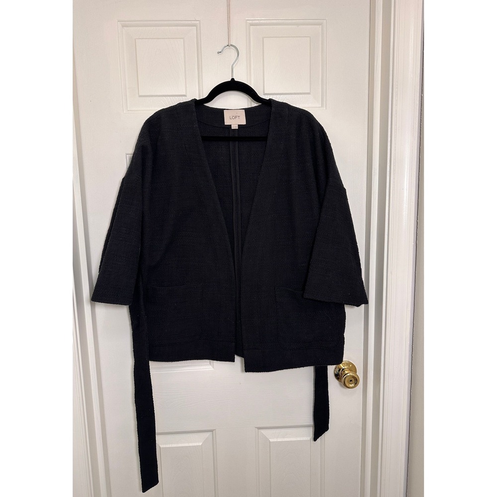Ann Taylor LOFT Black Textured Kimono Cardigan Belted Jacket‎ Womens M/L